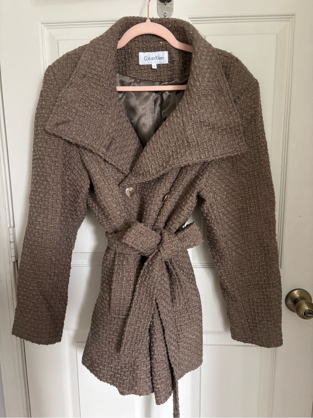 Calvin Klein Women's Taupe Textured Belted Trench Coat